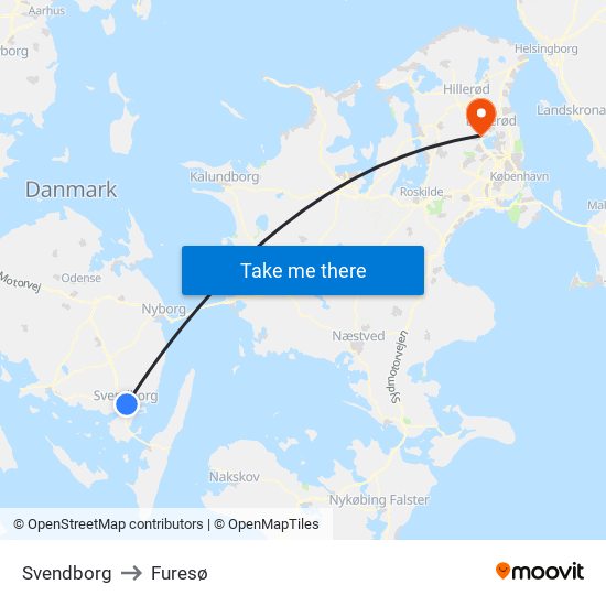 Svendborg to Furesø map