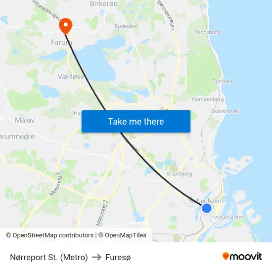 Nørreport St. (Metro) to Furesø map