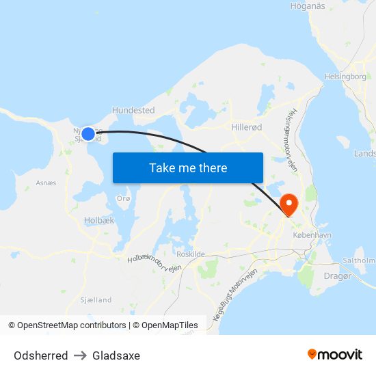 Odsherred to Gladsaxe map