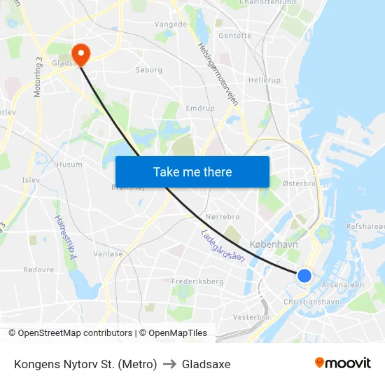 Kongens Nytorv St. (Metro) to Gladsaxe map