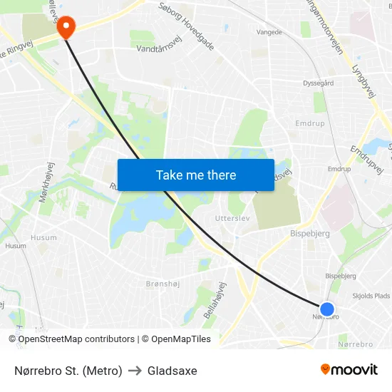 Nørrebro St. (Metro) to Gladsaxe map