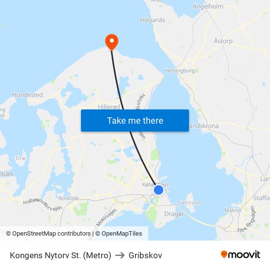 Kongens Nytorv St. (Metro) to Gribskov map