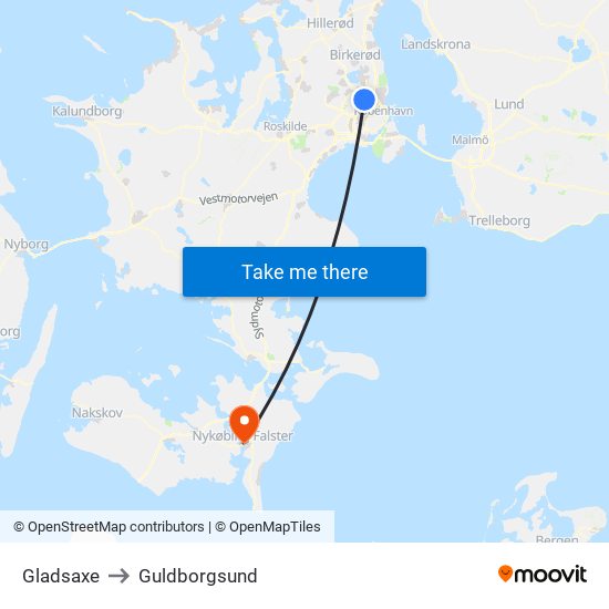 Gladsaxe to Guldborgsund map