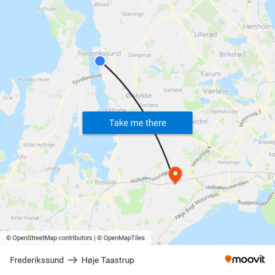 Frederikssund to Høje Taastrup map
