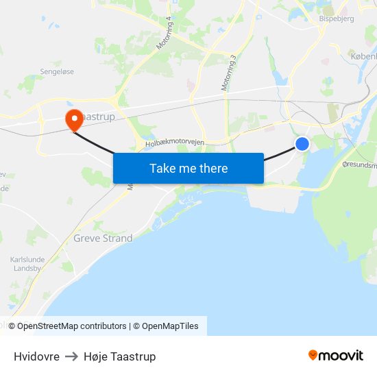 Hvidovre to Høje Taastrup map