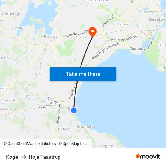 Køge to Høje Taastrup map