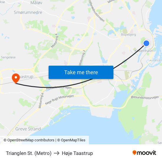 Trianglen St. (Metro) to Høje Taastrup map