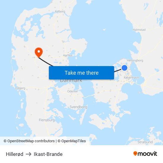 Hillerød to Ikast-Brande map