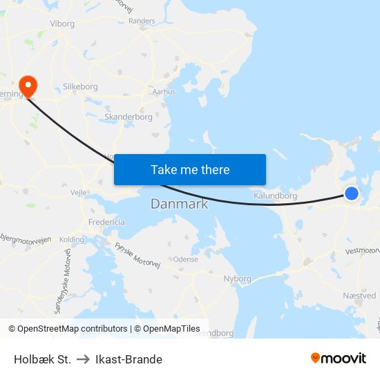 Holbæk St. to Ikast-Brande map