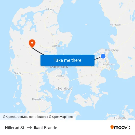 Hillerød St. to Ikast-Brande map