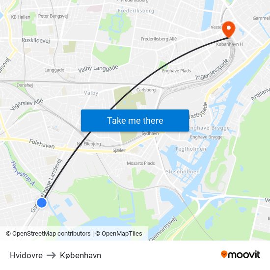 Hvidovre to København map