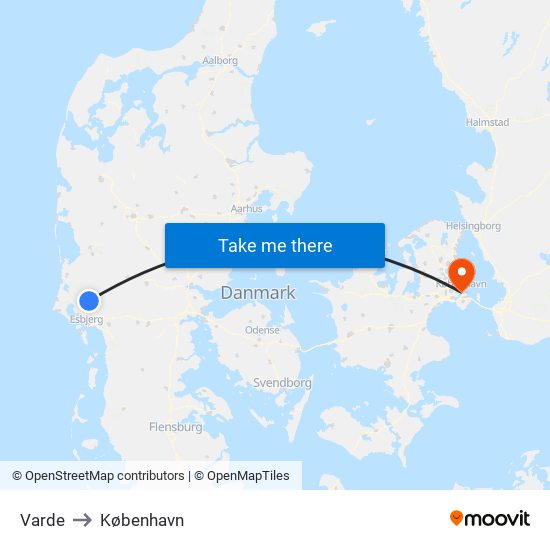 Varde to København map