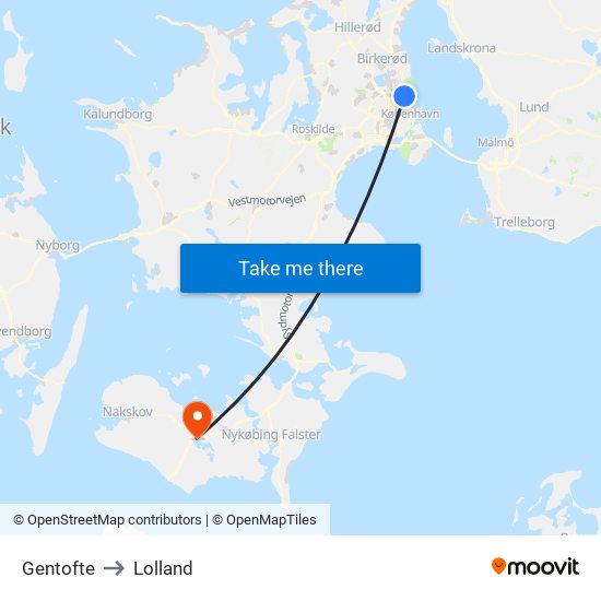 Gentofte to Lolland map