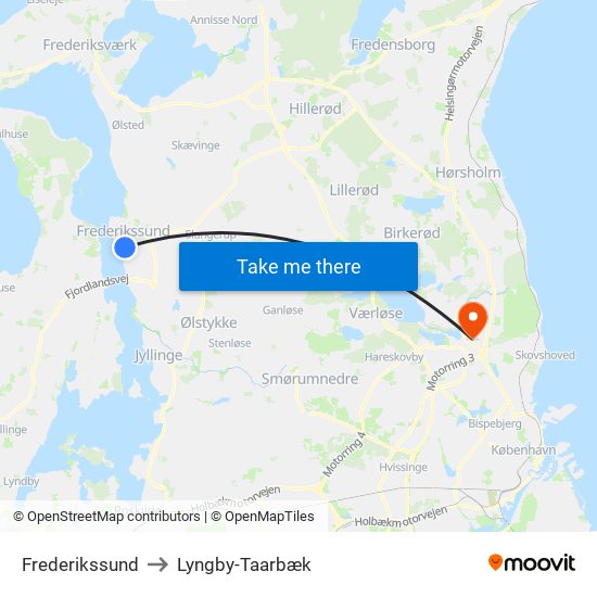 Frederikssund to Lyngby-Taarbæk map