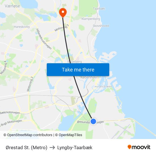 Ørestad St. (Metro) to Lyngby-Taarbæk map