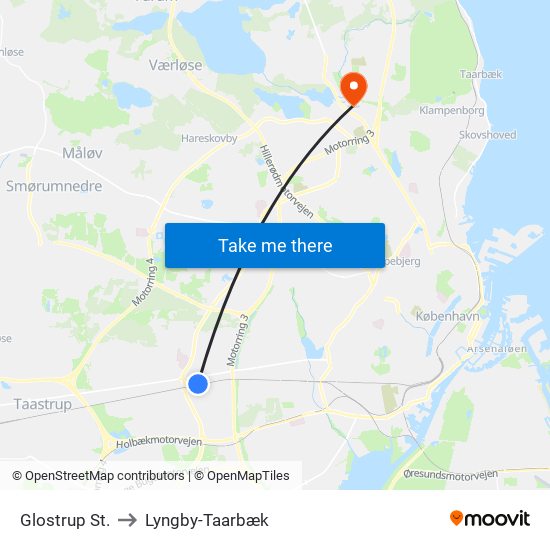 Glostrup St. to Lyngby-Taarbæk map