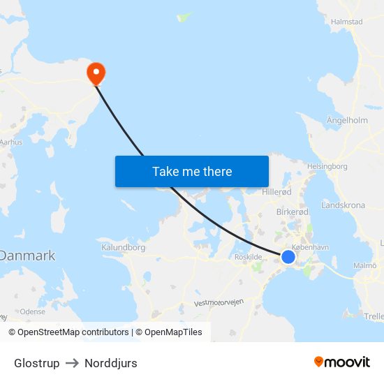 Glostrup to Norddjurs map