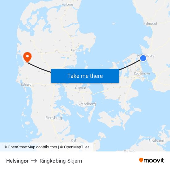 Helsingør to Ringkøbing-Skjern map