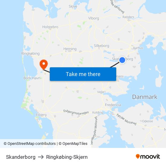 Skanderborg to Ringkøbing-Skjern map