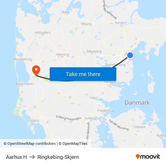 Aarhus H to Ringkøbing-Skjern map