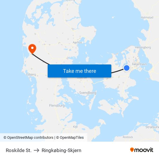 Roskilde St. to Ringkøbing-Skjern map