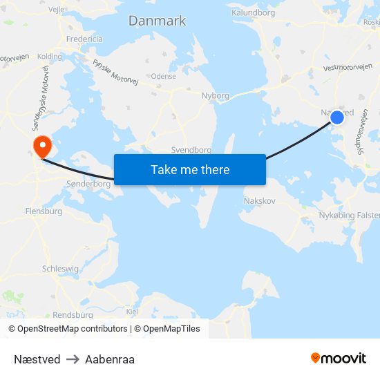 Næstved to Aabenraa map
