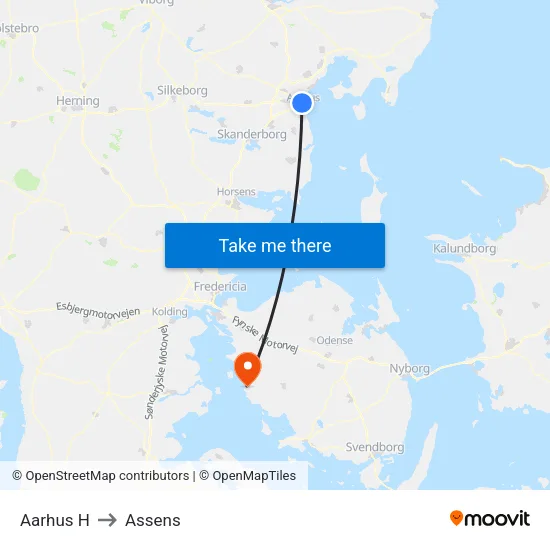 Aarhus H to Assens map