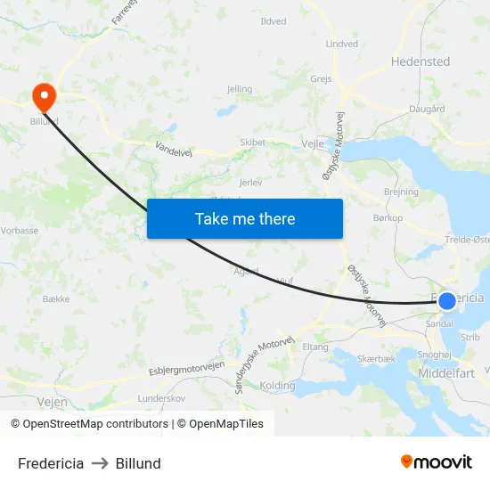 Fredericia to Billund map