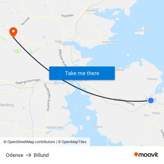 Odense to Billund map