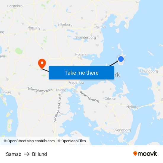 Samsø to Billund map