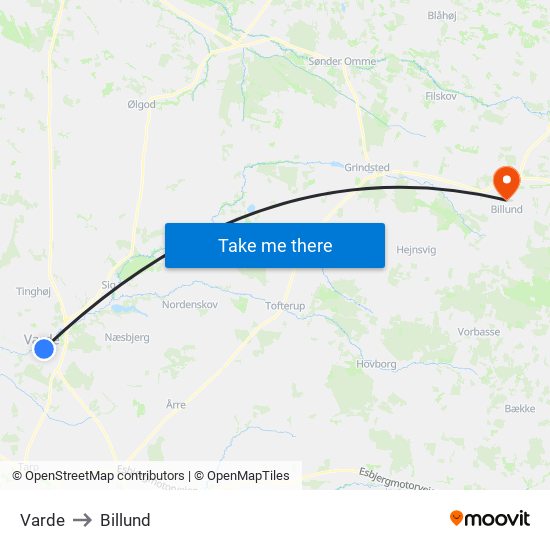 Varde to Billund map