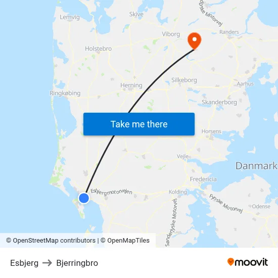 Esbjerg to Bjerringbro map