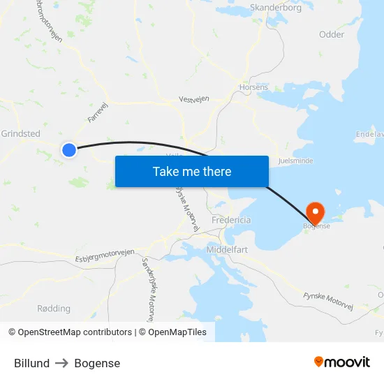 Billund to Bogense map