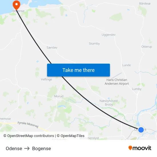 Odense to Bogense map