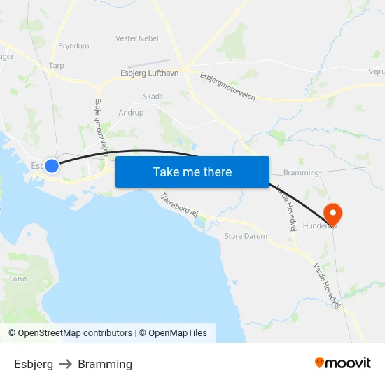 Esbjerg to Bramming map
