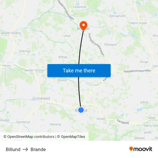 Billund to Brande map