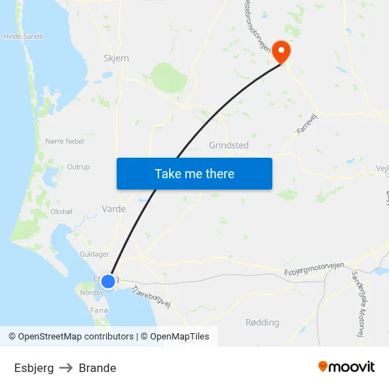 Esbjerg to Brande map