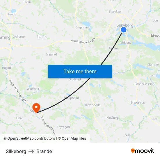 Silkeborg to Brande map