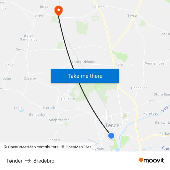 Tønder to Bredebro map
