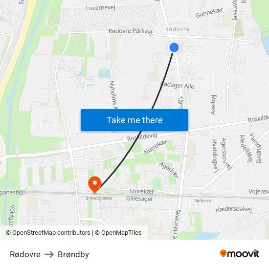 Rødovre to Brøndby map