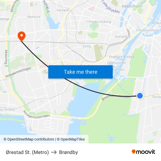 Ørestad St. (Metro) to Brøndby map