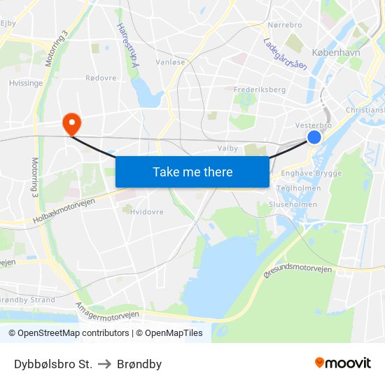 Dybbølsbro St. to Brøndby map