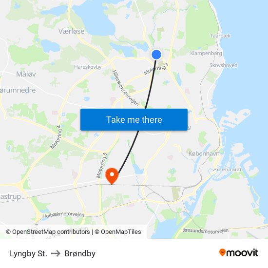 Lyngby St. to Brøndby map