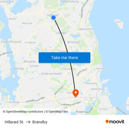 Hillerød St. to Brøndby map