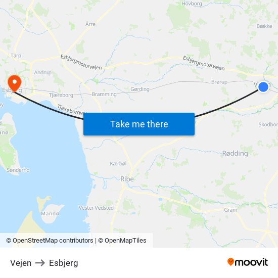 Vejen to Esbjerg map