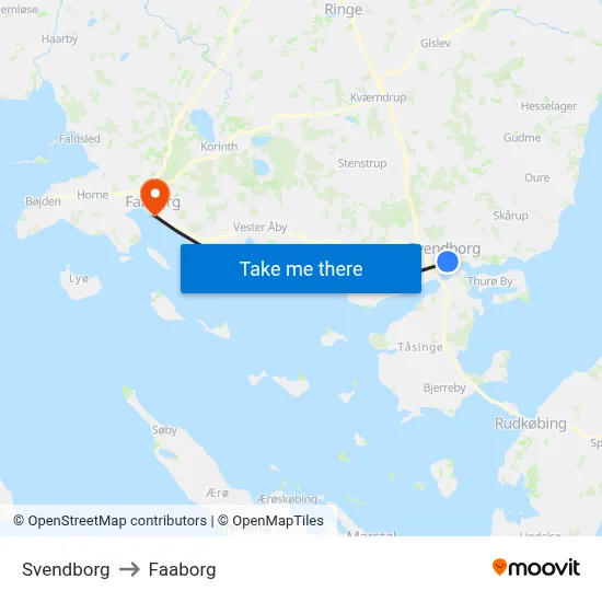 Svendborg to Faaborg map
