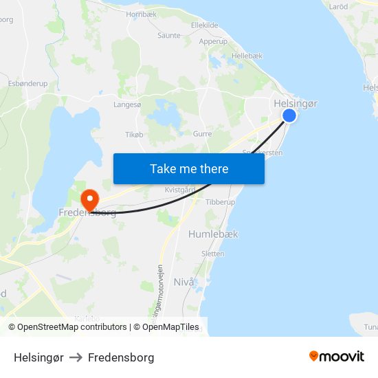 Helsingør to Fredensborg map