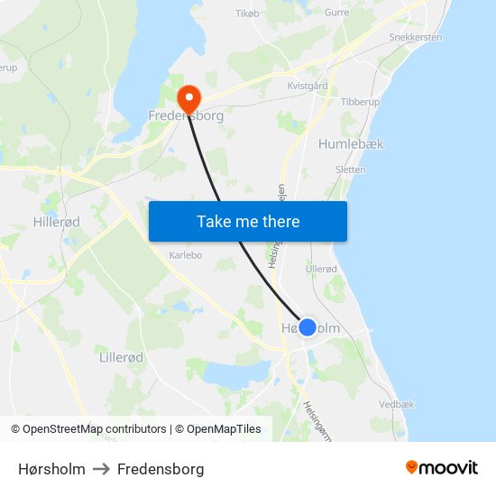 Hørsholm to Fredensborg map