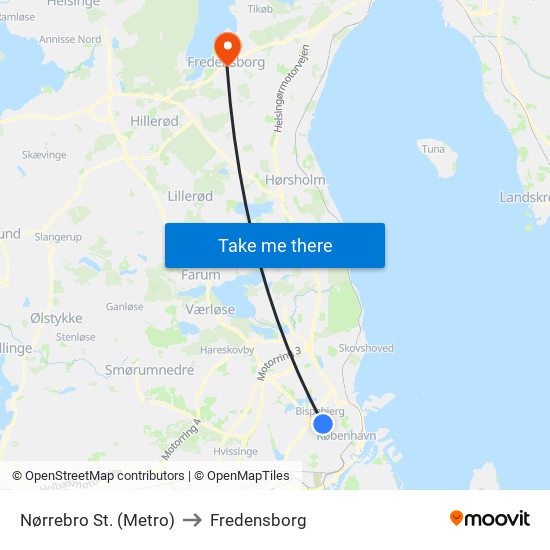 Nørrebro St. (Metro) to Fredensborg map