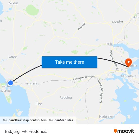 Esbjerg to Fredericia map